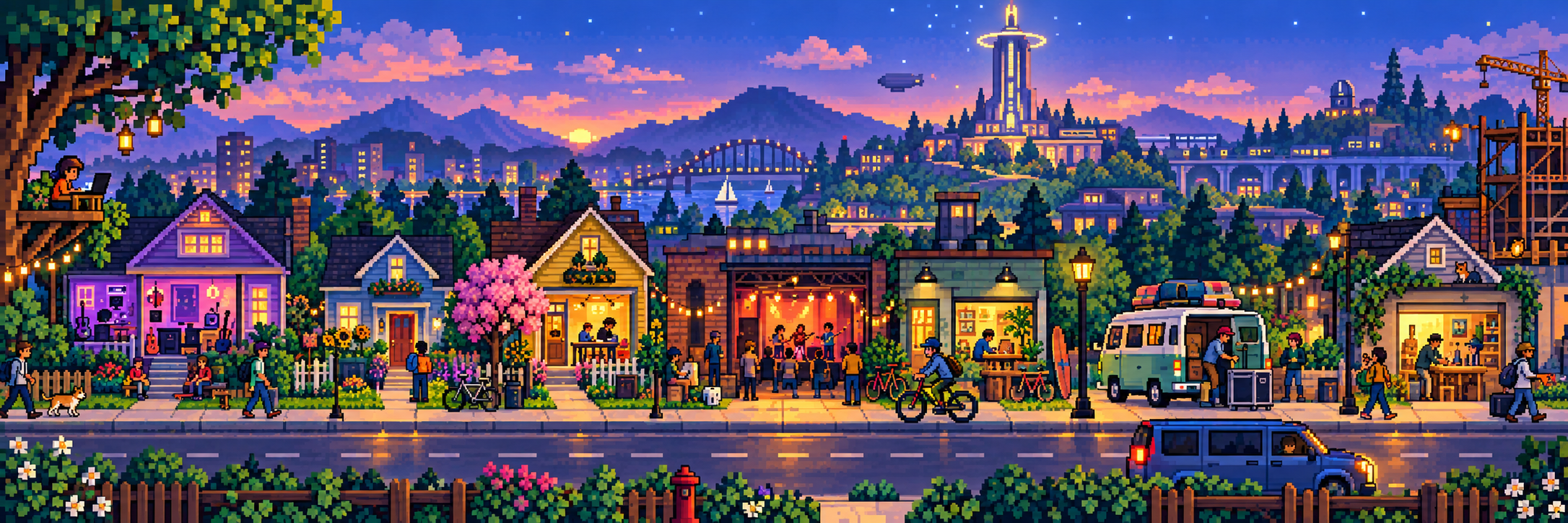 Pixel-art view of the growing OLR neighborhood at dusk, with creators, live music, and the OLR skyline.